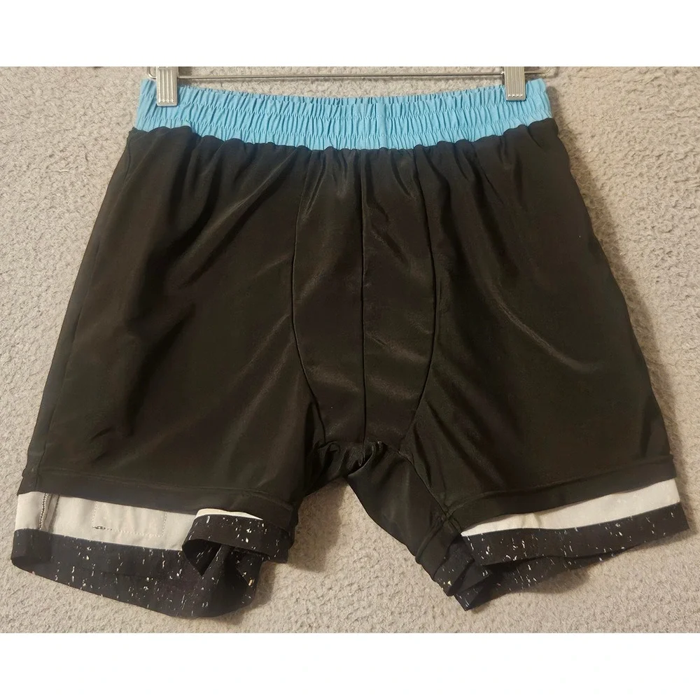 Slunks Mens Board Shorts Black Paint Splatter Blue Waistband Swim Trunks Size M